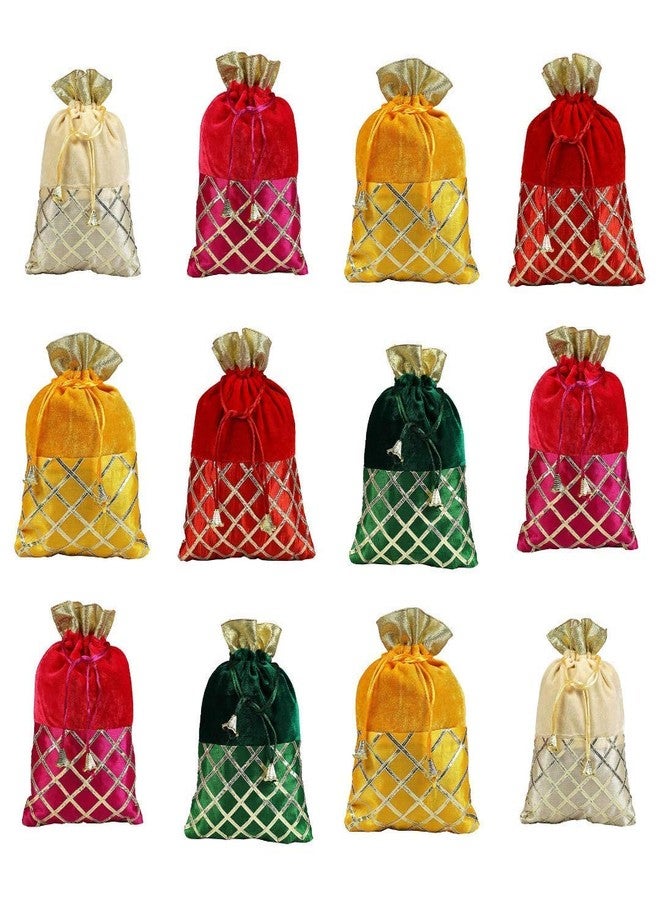 STLYZ Rajasthani Potli Royal Velvet Potli Batwa | Gifting Bags | Designer Rajasthani Style Multicolous Bag - Assorted Colours (Pack of 12) - Image 1